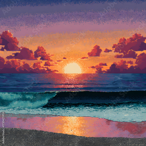 Vibrant Retro Pixel Art Sunset Over Tranquil Beach with Gentle Waves Reflecting Warm Colors