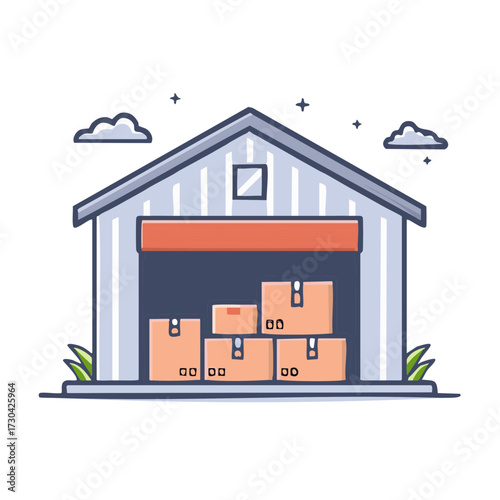Cartoon Warehouse with Stacked Cardboard Boxes for Storage and Logistics
