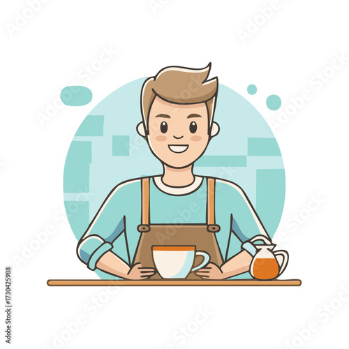 Smiling barista behind a counter holding coffee cup with milk jug illustration