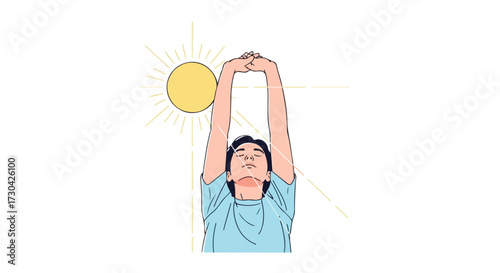 Illustration showcasing a person stretching under the radiant morning sun for well-being and relaxation during a rejuvenating moment