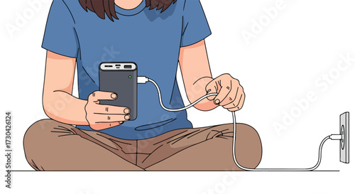 Person sitting with crossed legs, plugging in their phone to a power bank connected to the wall socket for recharging at home