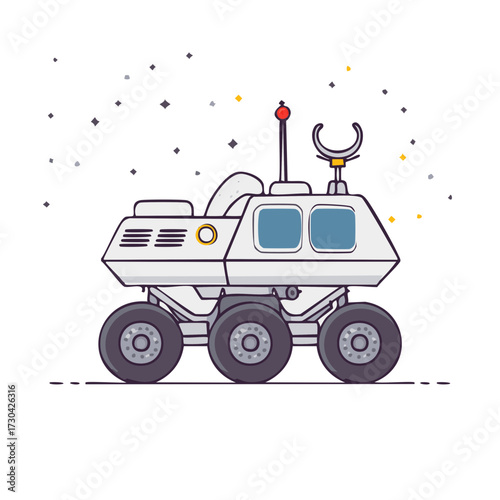 Illustration of a white lunar rover vehicle with red light and gray wheels exploring space with cosmic stars