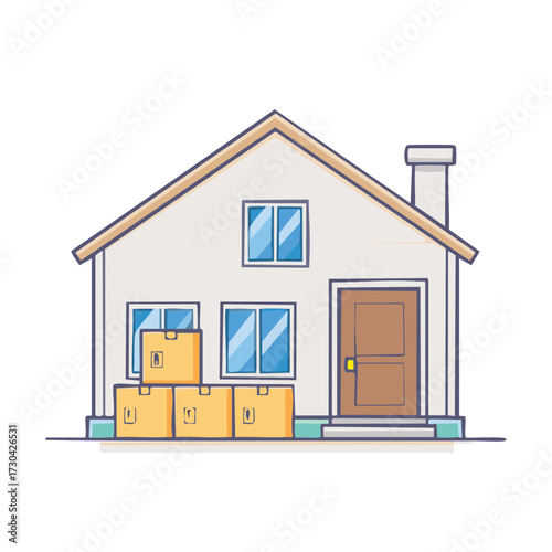 Cartoon house with moving boxes stacked on the porch, symbolizing relocation and new beginnings