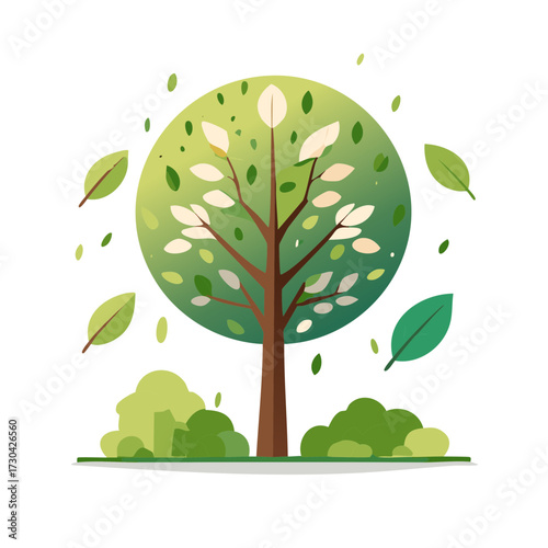 Stylized Tree with Falling Leaves and Bushes Illustrating Nature and Growth