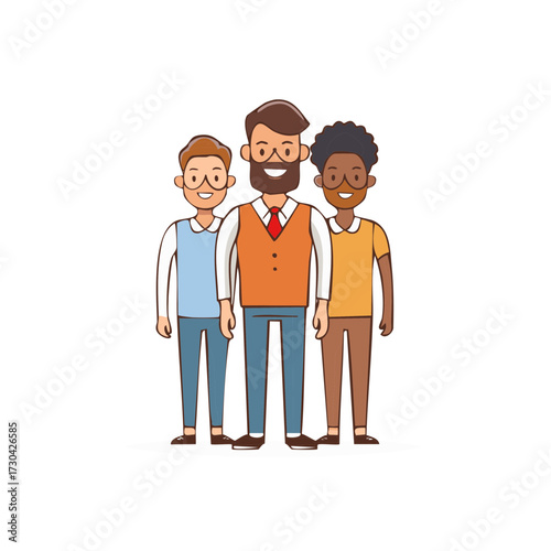 Three diverse cartoon men standing together smiling wearing casual and business attire