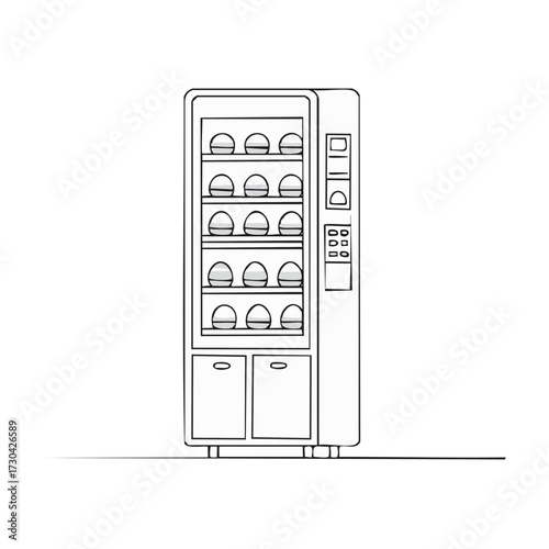 Line Art Vending Machine Filled With Round Items and Storage Compartments