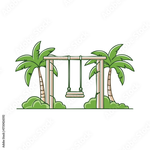 Tropical swing set featuring palm trees and green bushes in a serene isolated island setting for leisurely recreational activity