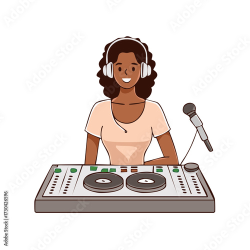 Smiling Black woman DJ wearing headphones operating a mixing console with microphone for broadcast or entertainment