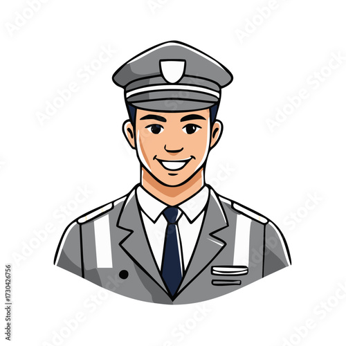 Smiling chauffeur in uniform avatar.  Professional driver, service industry concept.