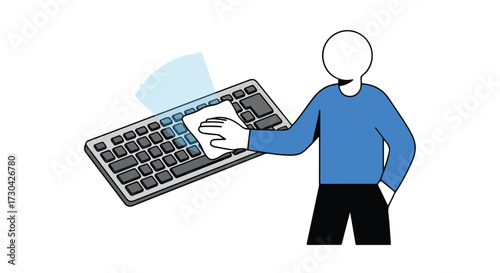 Digital hygiene: Illustration of a person cleaning a computer keyboard meticulously with a soft, clean cloth, emphasizing the importance of sanitation