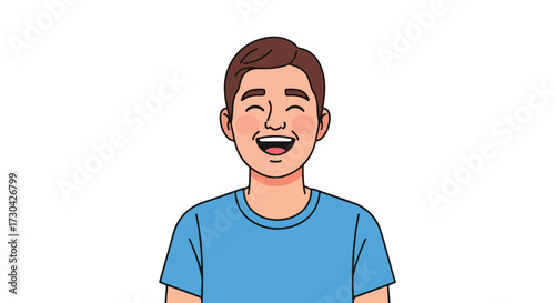Cartoon illustration of a cheerful young man with a wide smile expressing happiness and joy, portraying a friendly and approachable character with a