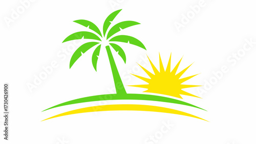 Dreamy tropical island getaway with palm tree and sun, perfect for travel agency logo, vacation packages, or beach resort branding, originally a vector graphic