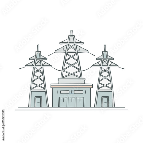 Electric Power Distribution Towers and Substation Outline Style Illustration on White