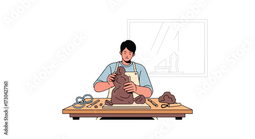 A young artist meticulously sculpting a clay figure, his focus and dedication evident in his earnest expression, while surrounded by tools
