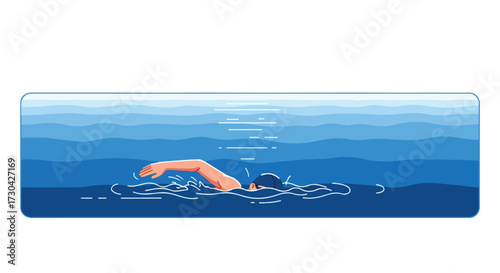 A single swimmer in motion, gliding through clear blue waters, embodying peace and physical activity, promoting a healthy lifestyle concept