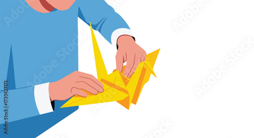 Crafting a Yellow Origami Crane: An Illustration of Artistry and Focused Concentration displayed through Hand Manipulation and Precision with an