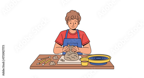 Young artist shapes the clay with passion on the pottery wheel, embracing creativity and crafting unique ceramic pieces during focused studio session