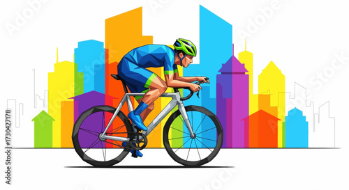 Professional cyclist in blue and green gear riding a racing bicycle against a vibrant, multicolored abstract city skyline.