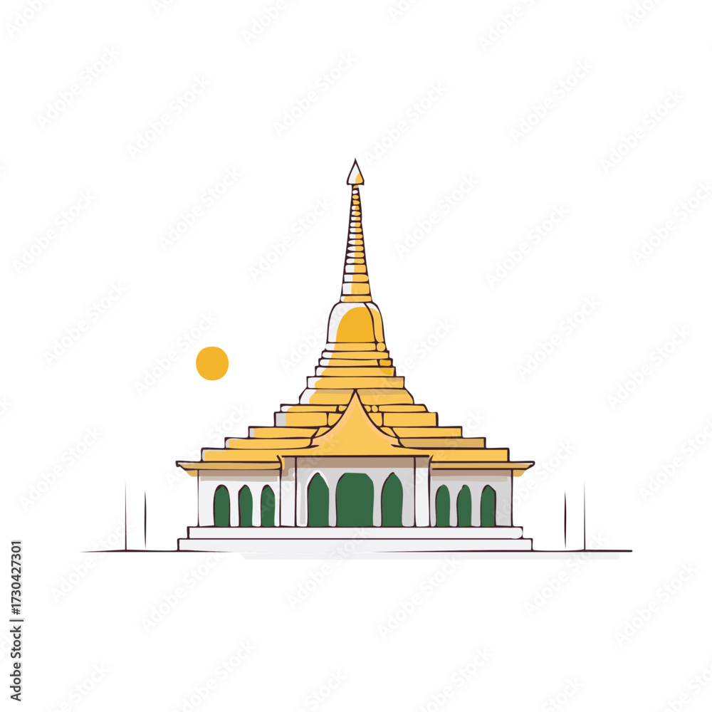 Naklejka premium Stylized golden Buddhist temple illustration with tiered roof and elegant spire, featuring arched entrances and a minimalist sun symbol