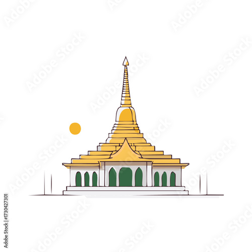 Stylized golden Buddhist temple illustration with tiered roof and elegant spire, featuring arched entrances and a minimalist sun symbol
