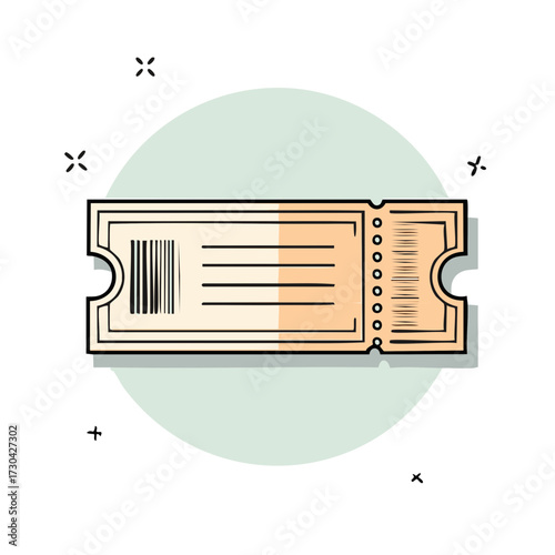 Cartoon illustration of a ticket with dashed decoration elements.