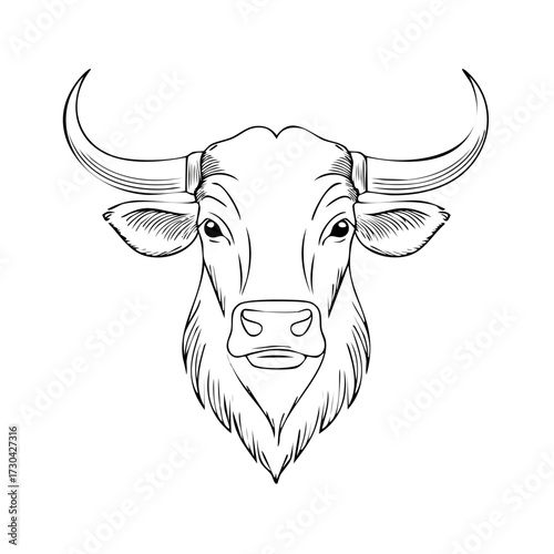Black and white line art illustration of a powerful bull head with large horns