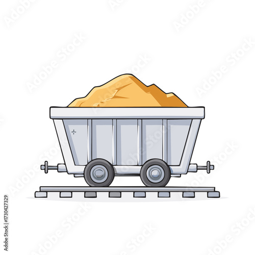Cartoon gray mine cart wagon full of golden sand or ore on railway tracks illustration