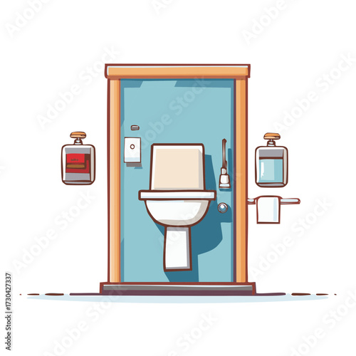 Bathroom entrance with toilet, soap dispenser, and towel holder