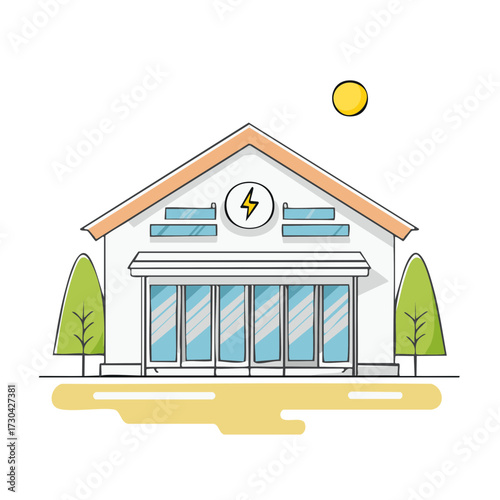 Cartoon illustration of a modern electric power station building with an energy symbol under the sun