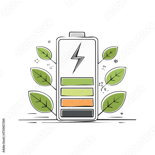 Eco-friendly Battery Illustration with Leaves Promoting Sustainable Energy and Renewable Power Solutions