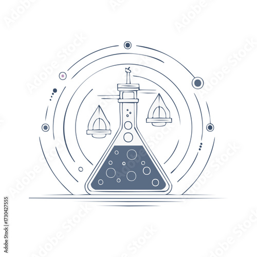 Laboratory flask with a scale and abstract circular design representing research and discovery