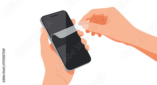 Hand applying screen protector film on a mobile smartphone, protective measures for device longevity and clarity application process