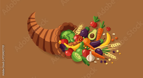 A colorful flat design illustration showcases a generous harvest, symbolizing abundance, nature's bounty, and the traditional connection to agriculture and sustainability.