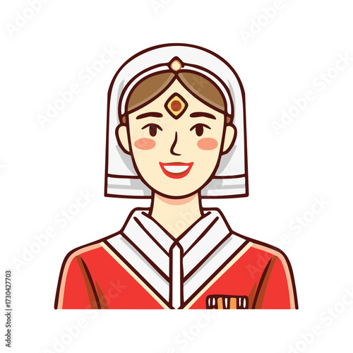 Smiling Cartoon Woman in Red Uniform with a Traditional Head Covering and Embellishments