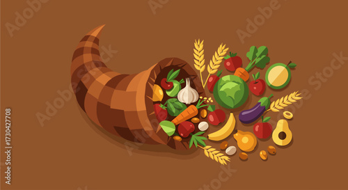 A colorful flat design illustration showcases a generous harvest, symbolizing abundance, nature's bounty, and the traditional connection to agriculture and sustainability.