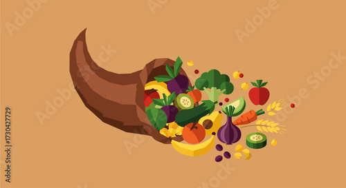 A colorful flat design illustration showcases a generous harvest, symbolizing abundance, nature's bounty, and the traditional connection to agriculture and sustainability.
