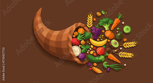 A colorful flat design illustration showcases a generous harvest, symbolizing abundance, nature's bounty, and the traditional connection to agriculture and sustainability.