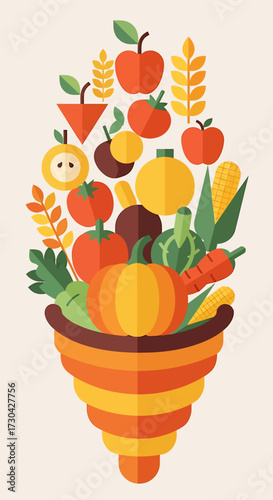 A colorful flat design illustration showcases a generous harvest, symbolizing abundance, nature's bounty, and the traditional connection to agriculture and sustainability.