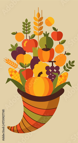 A colorful flat design illustration showcases a generous harvest, symbolizing abundance, nature's bounty, and the traditional connection to agriculture and sustainability.