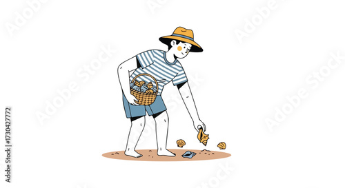 Coastal treasure hunt: Illustrated character collecting seashells on a sandy beach with basket of shells vacation illustration