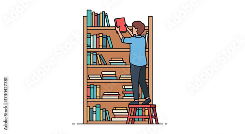 Illustration depicting a person organizing a bookshelf by placing a red book with a blue shirt on a stool reading books