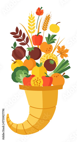 A colorful flat design illustration showcases a generous harvest, symbolizing abundance, nature's bounty, and the traditional connection to agriculture and sustainability.