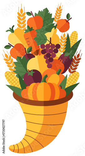 A colorful flat design illustration showcases a generous harvest, symbolizing abundance, nature's bounty, and the traditional connection to agriculture and sustainability.