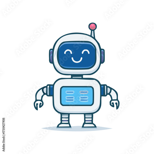 Smiling cartoon robot character with a cute face, antenna, and display screen