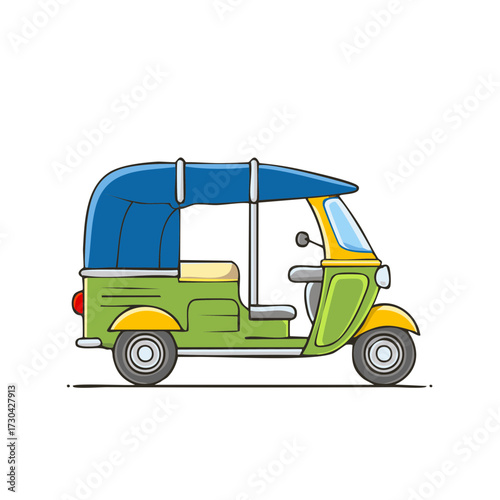Green and yellow cartoon tuk-tuk auto rickshaw with blue canopy isolated on white