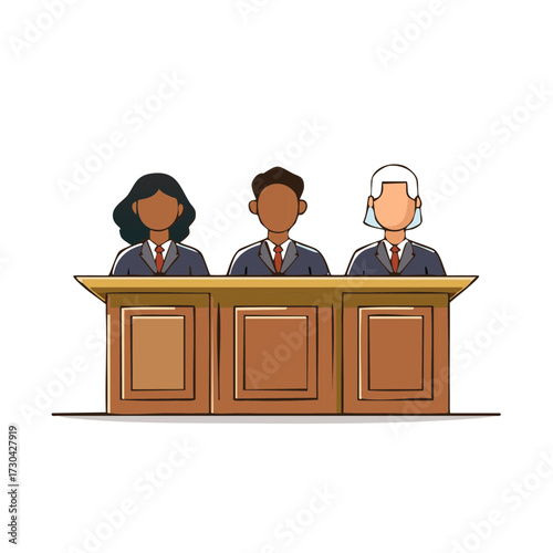 Illustrated Panel of Judges Sitting at Bench in Courtroom Illustration Fair Justice Court Jurists Cartoon Legal Illustration