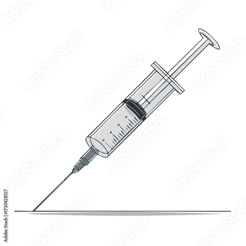 Medical syringe with sharp needle piercing a flat surface with precision