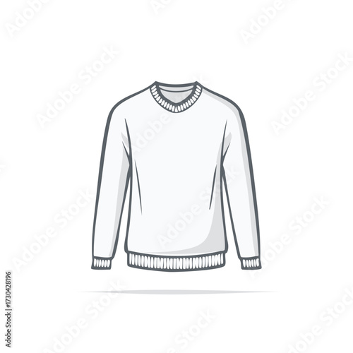 White long sleeve sweater outlined in gray with gray lined ribbing at the hem, neck, and cuffs