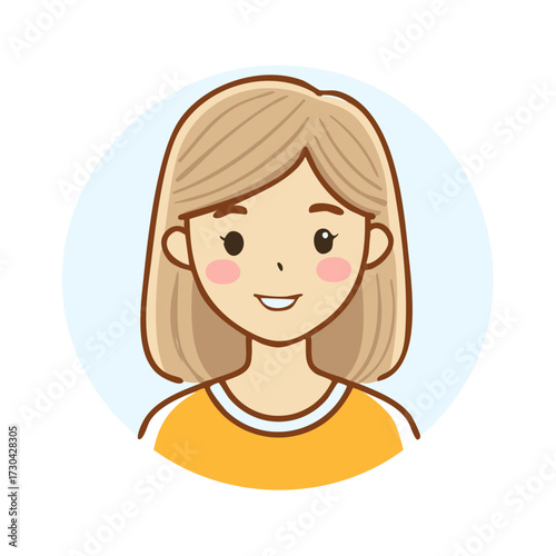 Illustration of a woman with short blonde hair, smiling in front of a light blue circle, wearing a yellow shirt