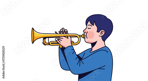 Boy practices trumpet with passion and dedication on a white background in a simple illustration style showcasing the enjoyment of learning and